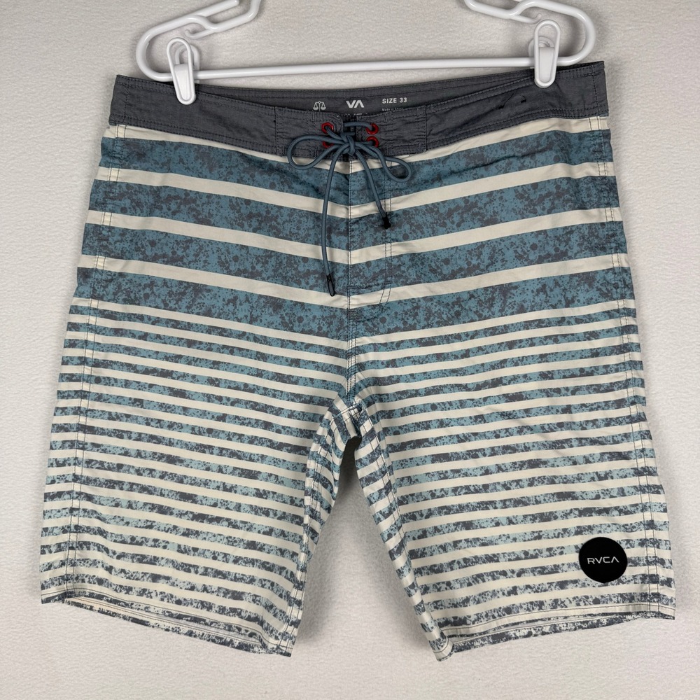 RVCA Mens 33 Striped Board Shorts Blue White Swim Trunks ML106STA